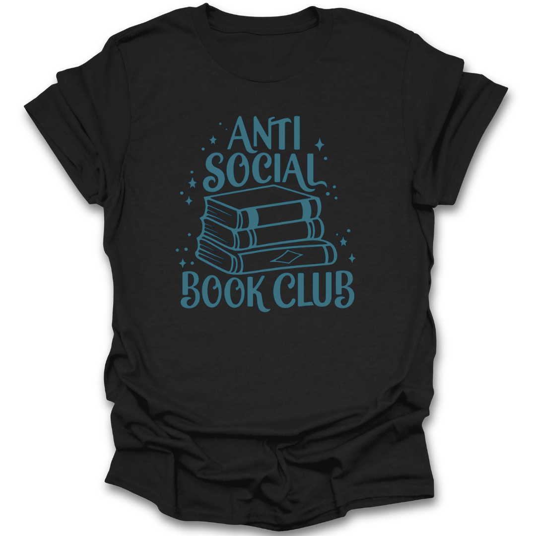 Black t-shirt with 'Anti Social Book Club' text and book graphic on a white background funny book reading literary t shirt