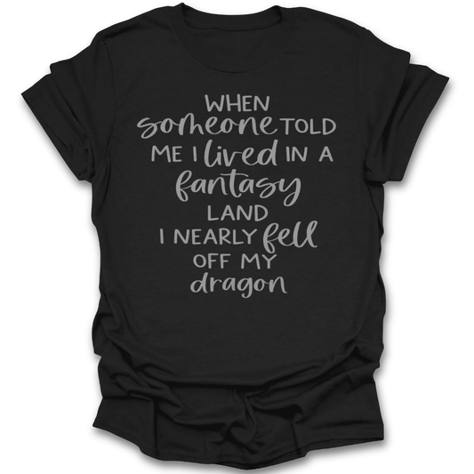 Black t-shirt with white text on a white background fantasy book reading t shirt