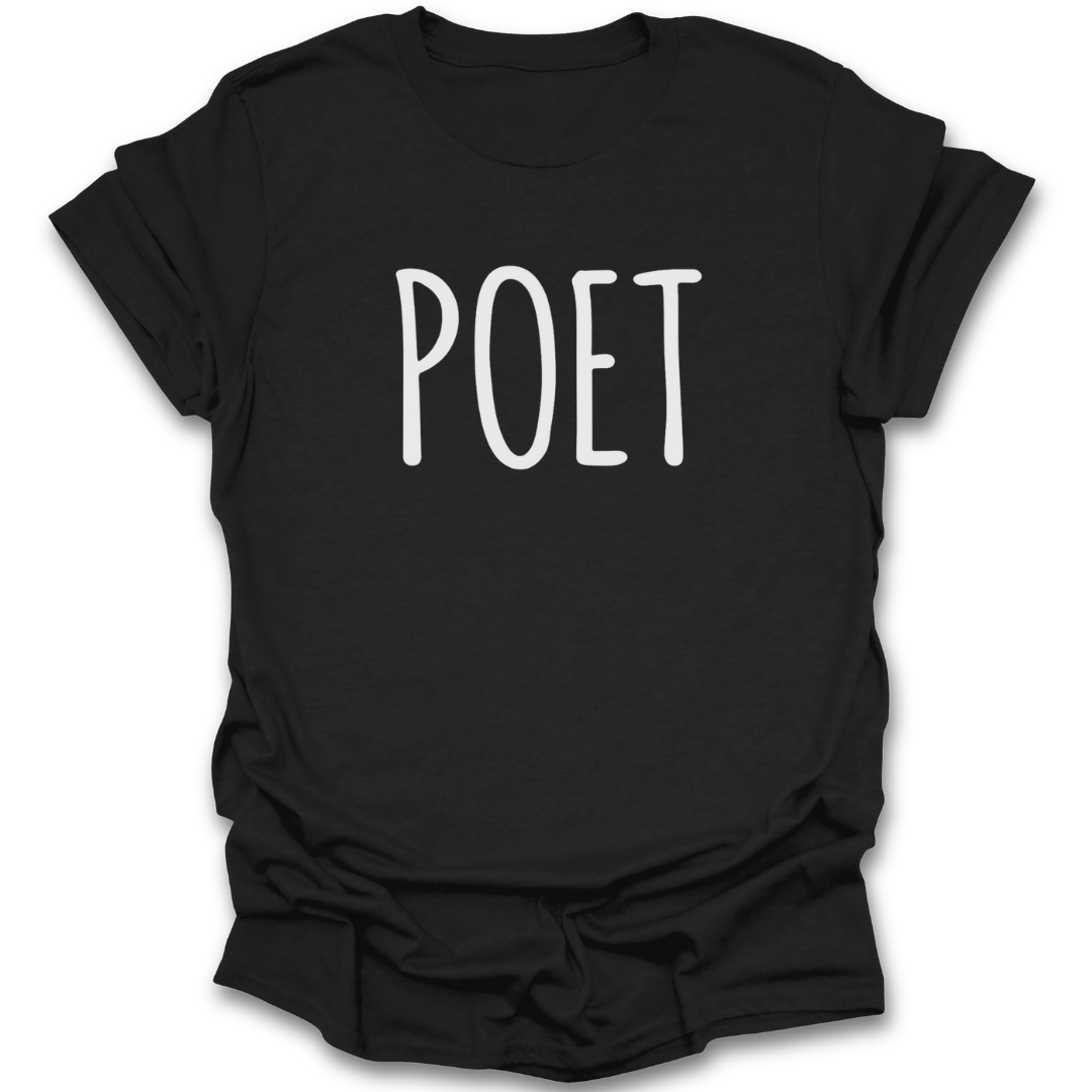 Black t-shirt with 'POET' printed in white on a white background poetry t shirt