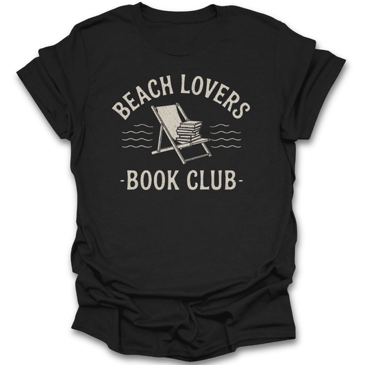 Black t-shirt with 'Beach Lovers Book Club' graphic design on a white background