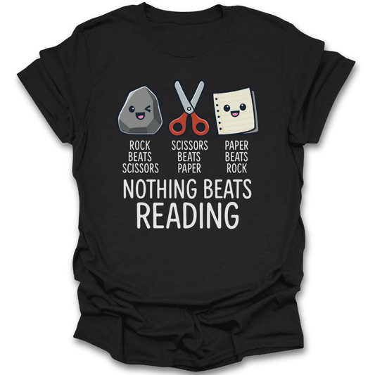 Black t-shirt with rock, scissors, paper graphic and 'Nothing Beats Reading' text on a white background funny book reading literary t shirt