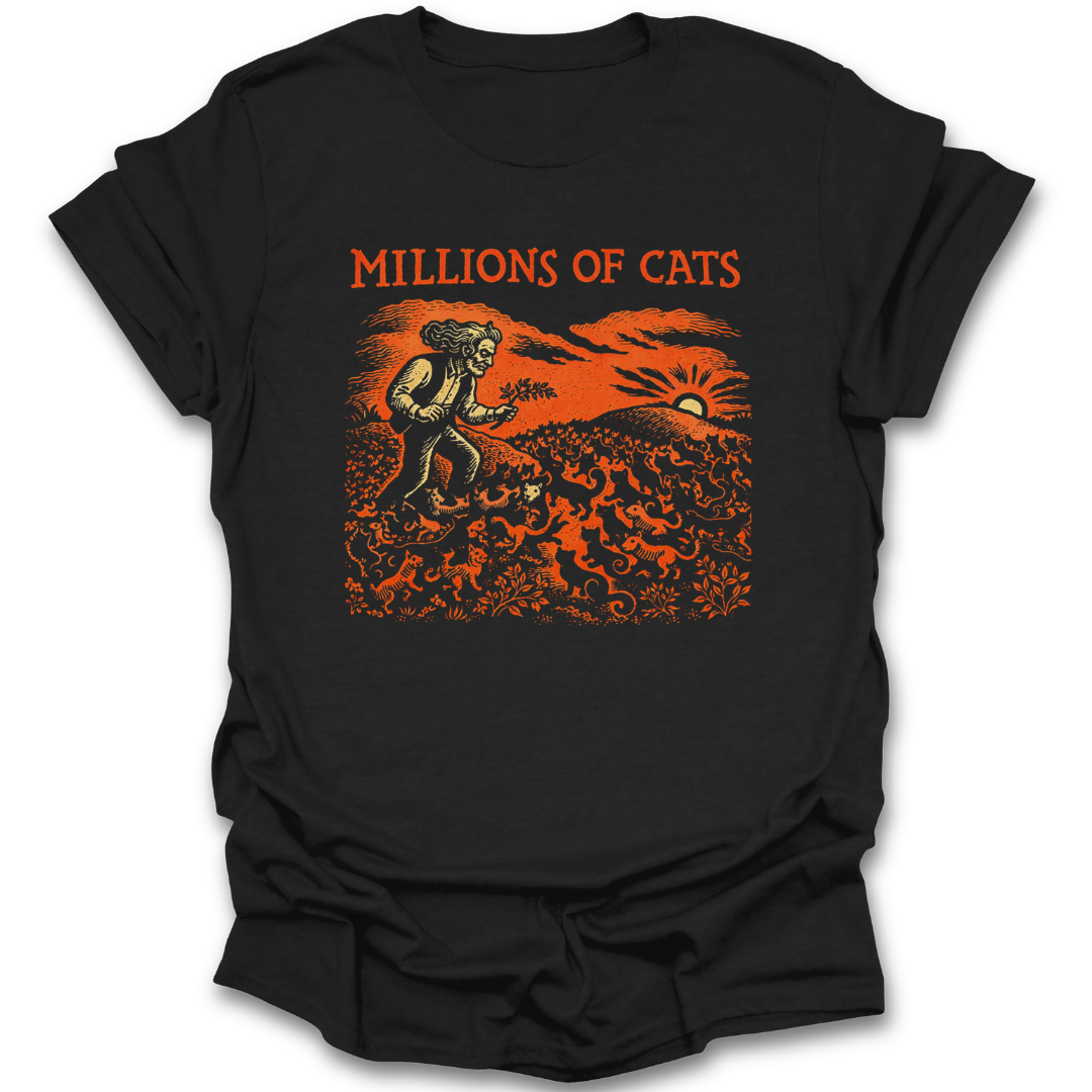 Black t-shirt with 'Millions of Cats' graphic design on a white background millions of cats shirt, classic picture book shirt, children’s literature shirt, vintage illustration t-shirt, book lover shirt, cat lover book shirt, librarian gift, teacher gift, literary t-shirt, classic book apparel