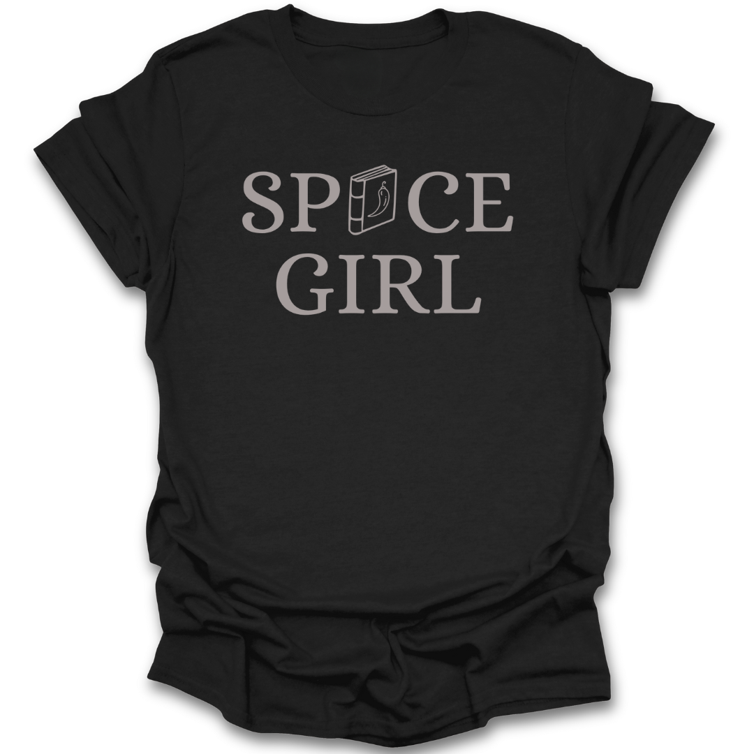 Black t-shirt with 'SPICE GIRL' text on a white background funny book reading t shirt