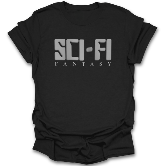 Black t-shirt with 'SCI-FI FANTASY' text on a white background book reading literary t shirt