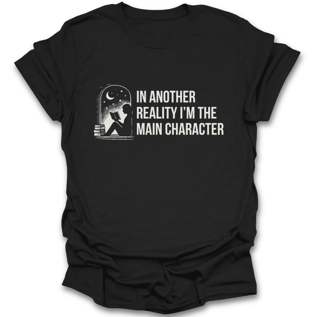 Black t-shirt with white graphic and text on a white background funny book reading literary t shirt