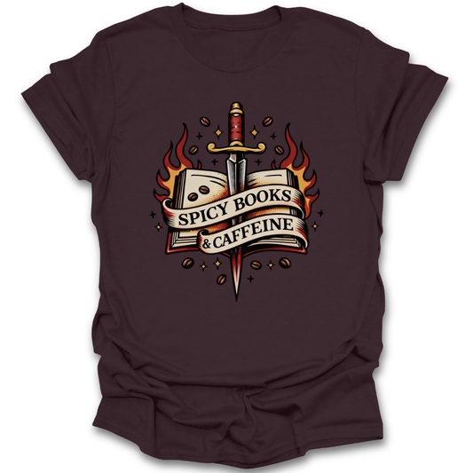 Brown t-shirt with a graphic design of a sword, book, and coffee beans on a white background. spicy books and caffeine shirt, romance reader shirt, book lover t-shirt, spicy book shirt, romantasy shirt, reading shirt for women, bookish apparel, coffee and books shirt