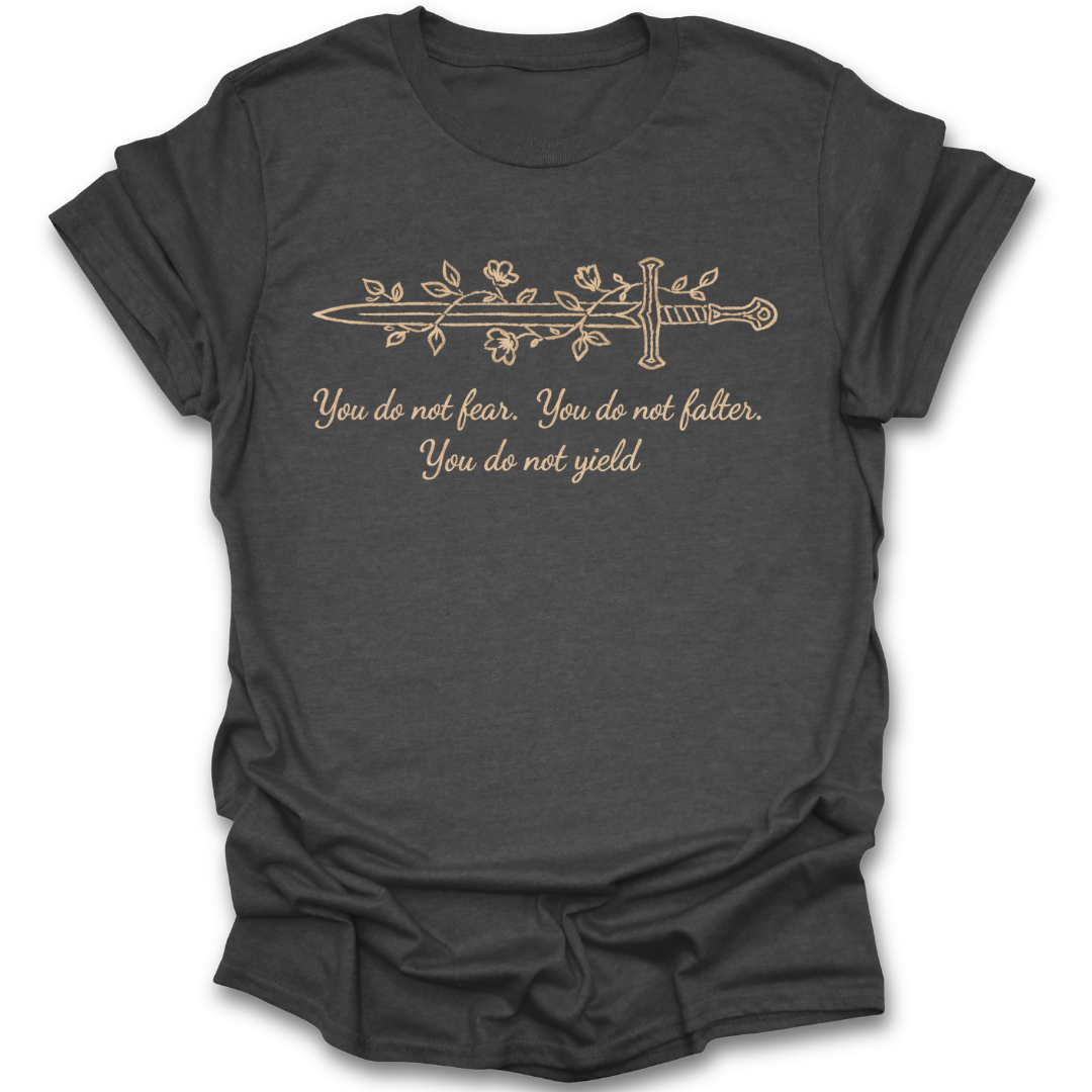 Dark gray t-shirt with 'I dwell in possibility' text on a white background romantasy shirt, fantasy reader shirt, fantasy book lover gift, bookish fantasy tee, sword floral shirt, booktok shirt, fantasy romance shirt, reader gift for women, dragon reader gift, dark academia book shirt.