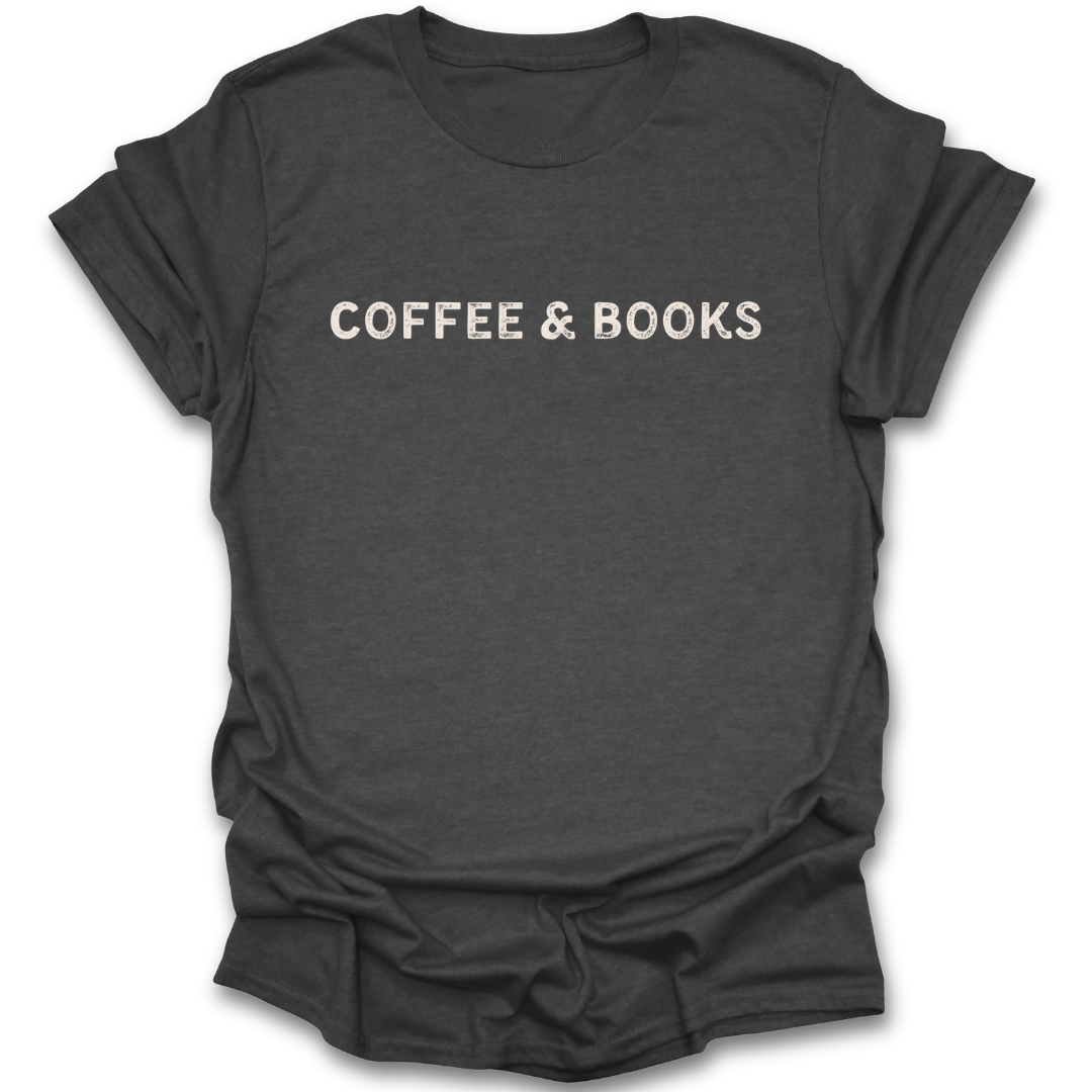 Dark gray t-shirt with 'COFFEE & BOOKS' text on a white background book reading literary t shirt