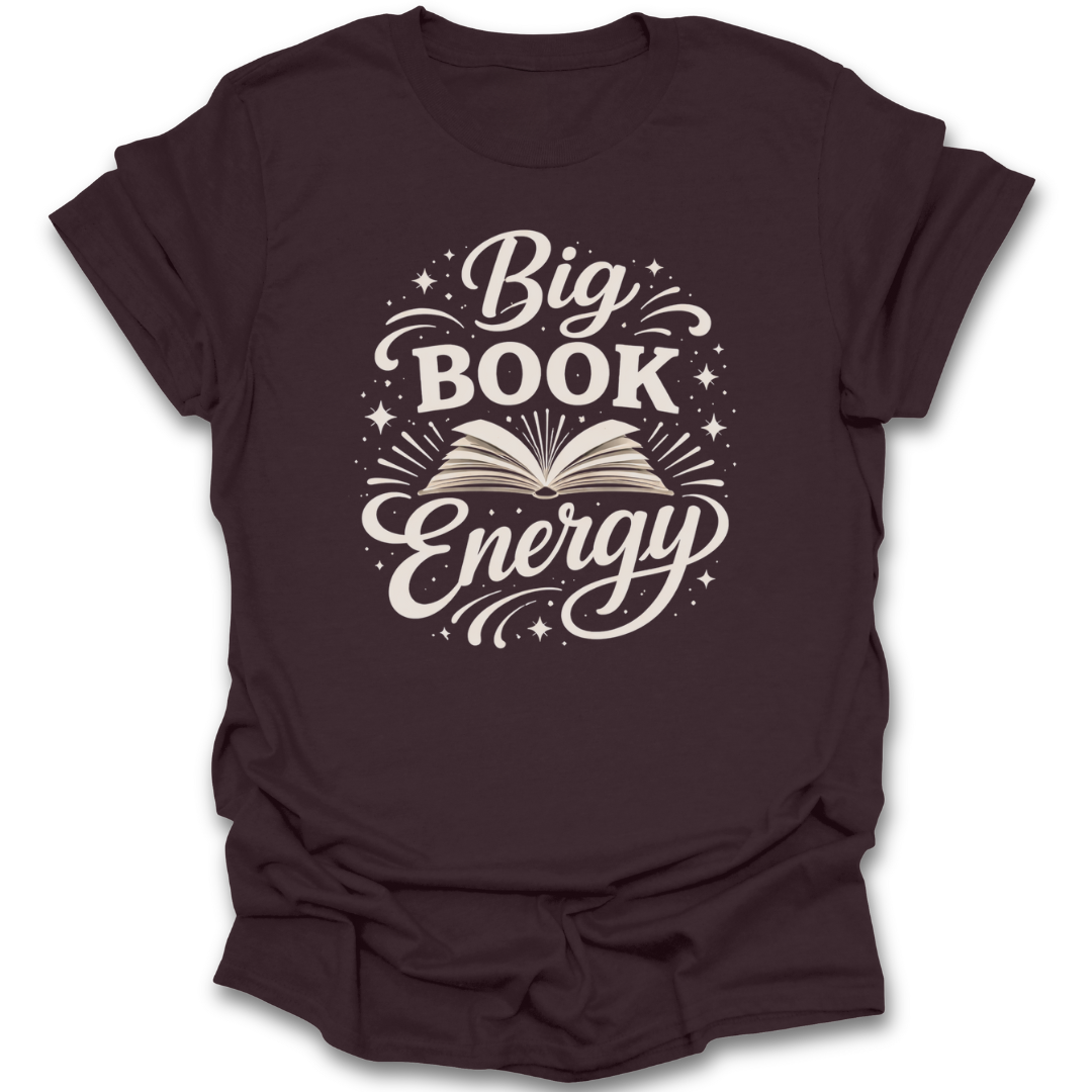 Brown t-shirt with 'Big Book Energy' text and book graphic on a white background funny book reading t shirt