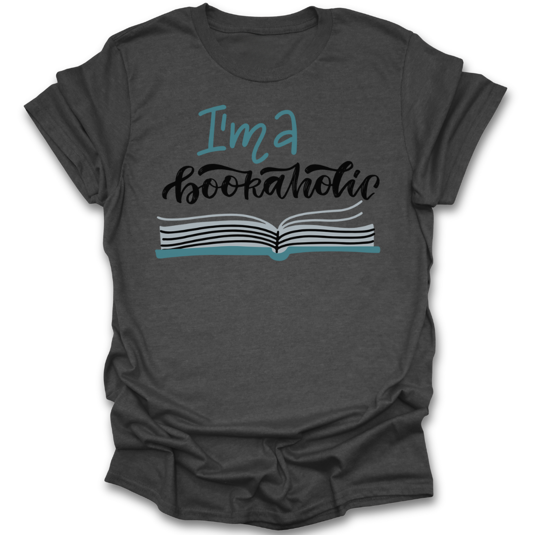Dark gray t-shirt with 'I'm a bookaholic' text and book graphic on a white background funny book reading t shirt