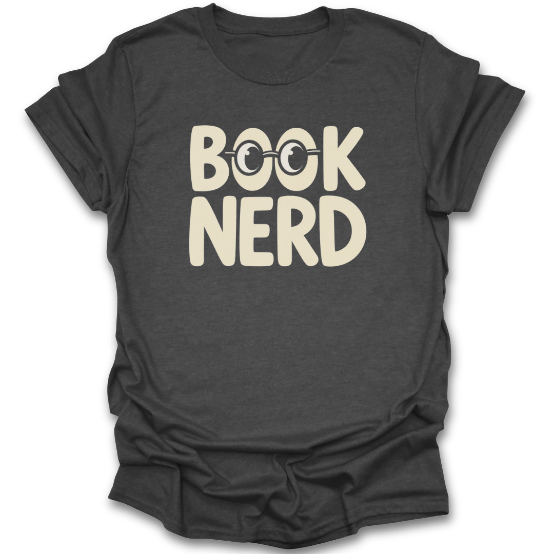 Dark gray t-shirt with 'Book Nerd' text on a white background reading t shirt