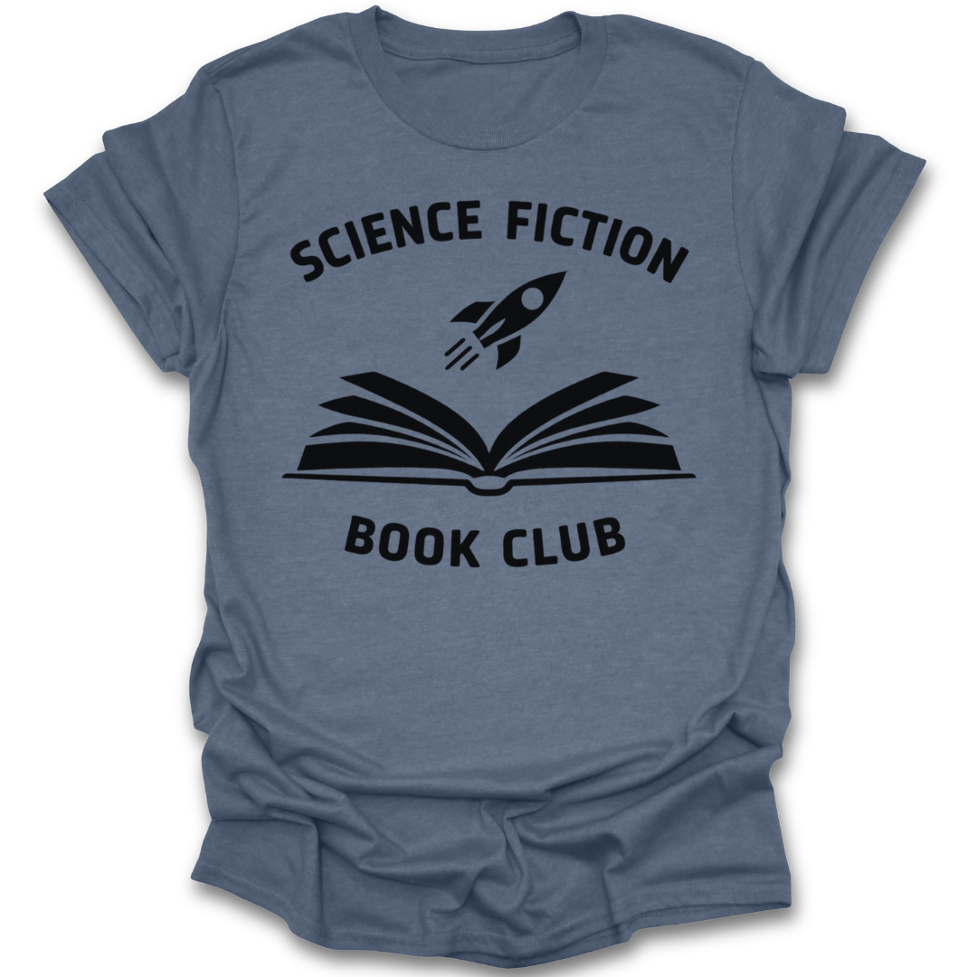 Blue t-shirt with 'Science Fiction Book Club' design featuring an open book and rocket.sci fi book reading literary t shirt