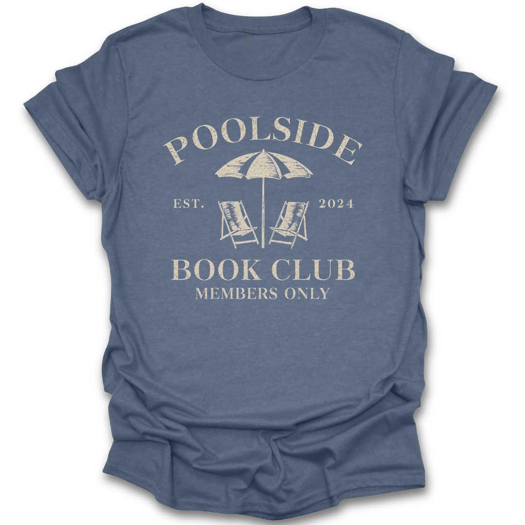 Blue t-shirt with 'Poolside Book Club' text and graphics on a white background