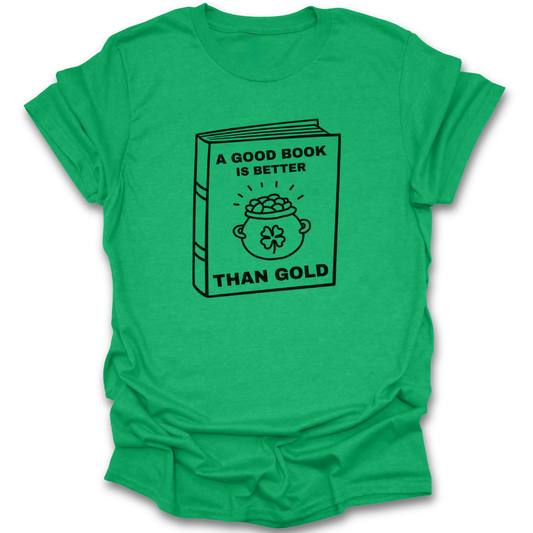 Green t-shirt with a book graphic and text on a white background st patricks day funny book reading literary t shirt