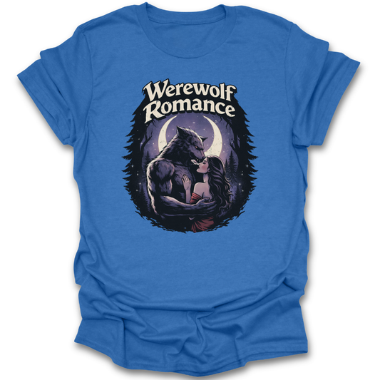 Blue t-shirt with a graphic of a werewolf and the text 'Werewolf Romance' on a white background book reading literary t shirt