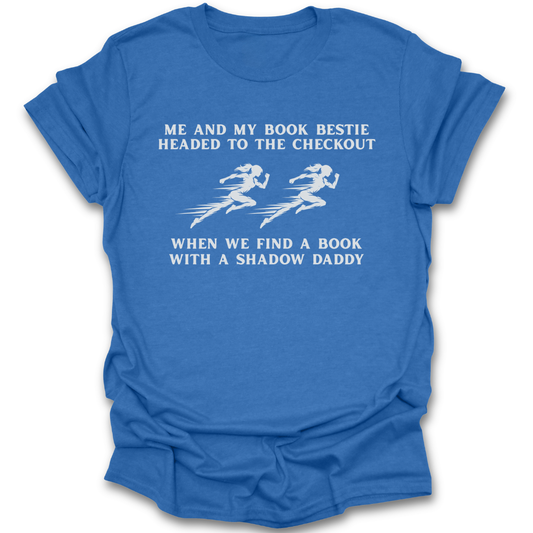 Blue t-shirt with white text and graphics on a white background fantasy funny book reading literary t shirt