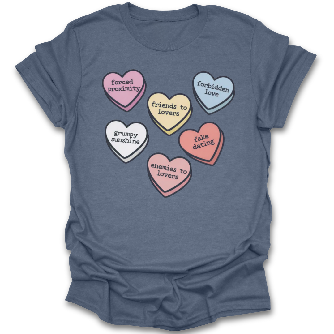 Blue t-shirt with colorful heart-shaped text design on a white background valentine romance literary t shirt