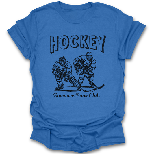 Blue t-shirt with hockey-themed graphic and text on a white background hockey romance book reading literary t shirt