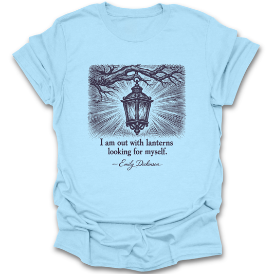 Light blue t-shirt with black lantern graphic and Emily Dickinson quote on a white background classics book reading literary t shirt