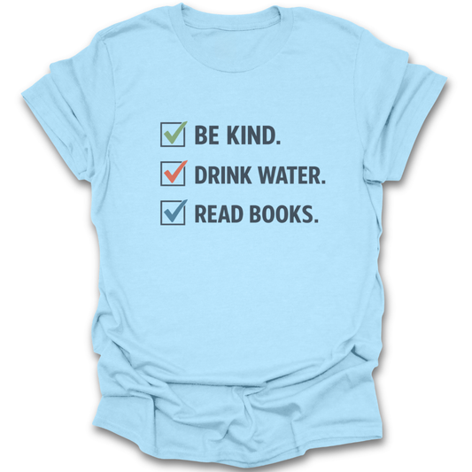 Light blue t-shirt with motivational text and checkboxes on a white background funny book reading literary t shirt