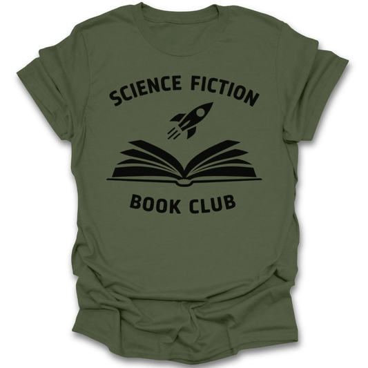 Green t-shirt with 'Science Fiction Book Club' design featuring a book and rocket on a white background sci fi book reading literary t shirt