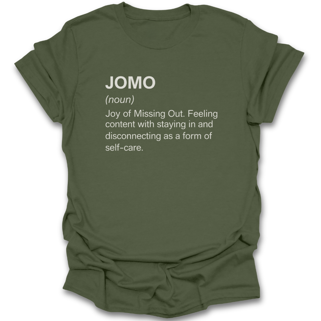 Green t-shirt with 'JOMO' definition text on a white background funny book reading literary t shirt