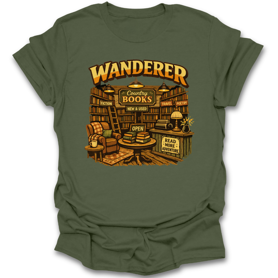 Green t-shirt with a graphic of a bookshop and 'Wanderer Country Books' text on a white background book lover shirt, bookstore shirt, reading t-shirt, bookworm shirt, literary shirt, cozy reader tee, indie bookstore shirt, used bookstore shirt, librarian gift, book club shirt, reader gift, bookish apparel, vintage book shirt, literature lover shirt.