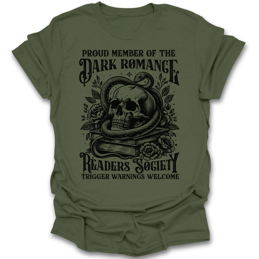 Green t-shirt with black graphic design and text on a white background dark romance funny book reading literary t shirt