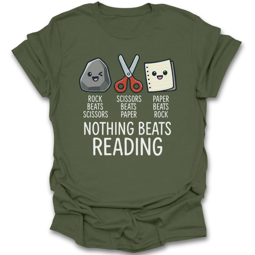 Green t-shirt with rock, scissors, paper graphic and 'Nothing Beats Reading' text on a white background funny book reading t shirt