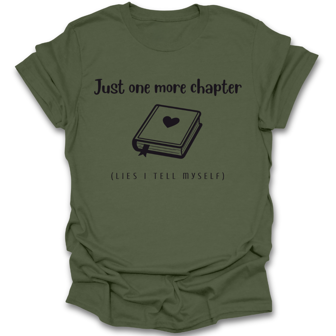 Green t-shirt with a book graphic and text on a white background