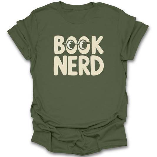 Green t-shirt with 'Book Nerd' text on a white background funny book reading literary t shirt