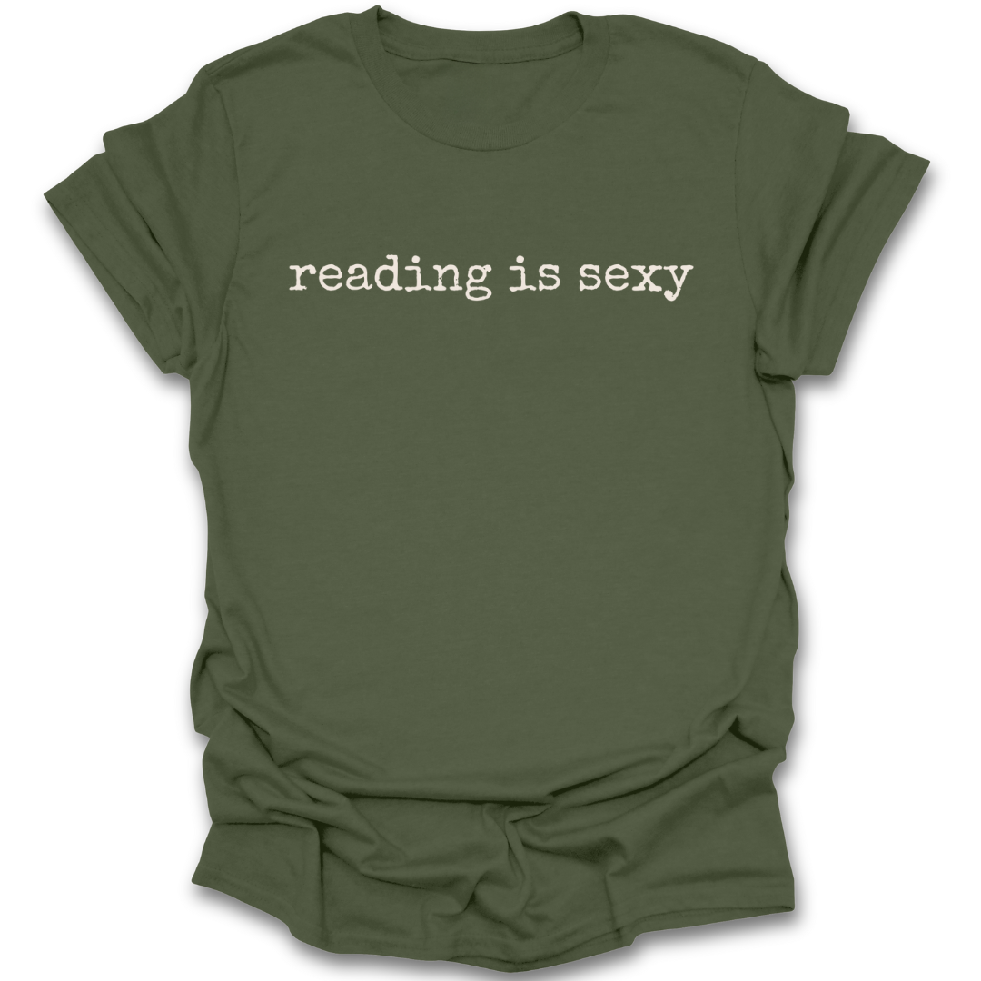 Green t-shirt with 'reading is sexy' text on a white background funny book reading literary t shirt