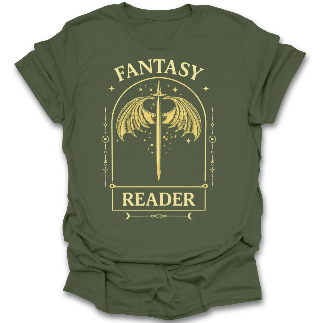 Green t-shirt with 'Fantasy Reader' design featuring a sword and dragon in gold on a white background. book literary tee t shirt