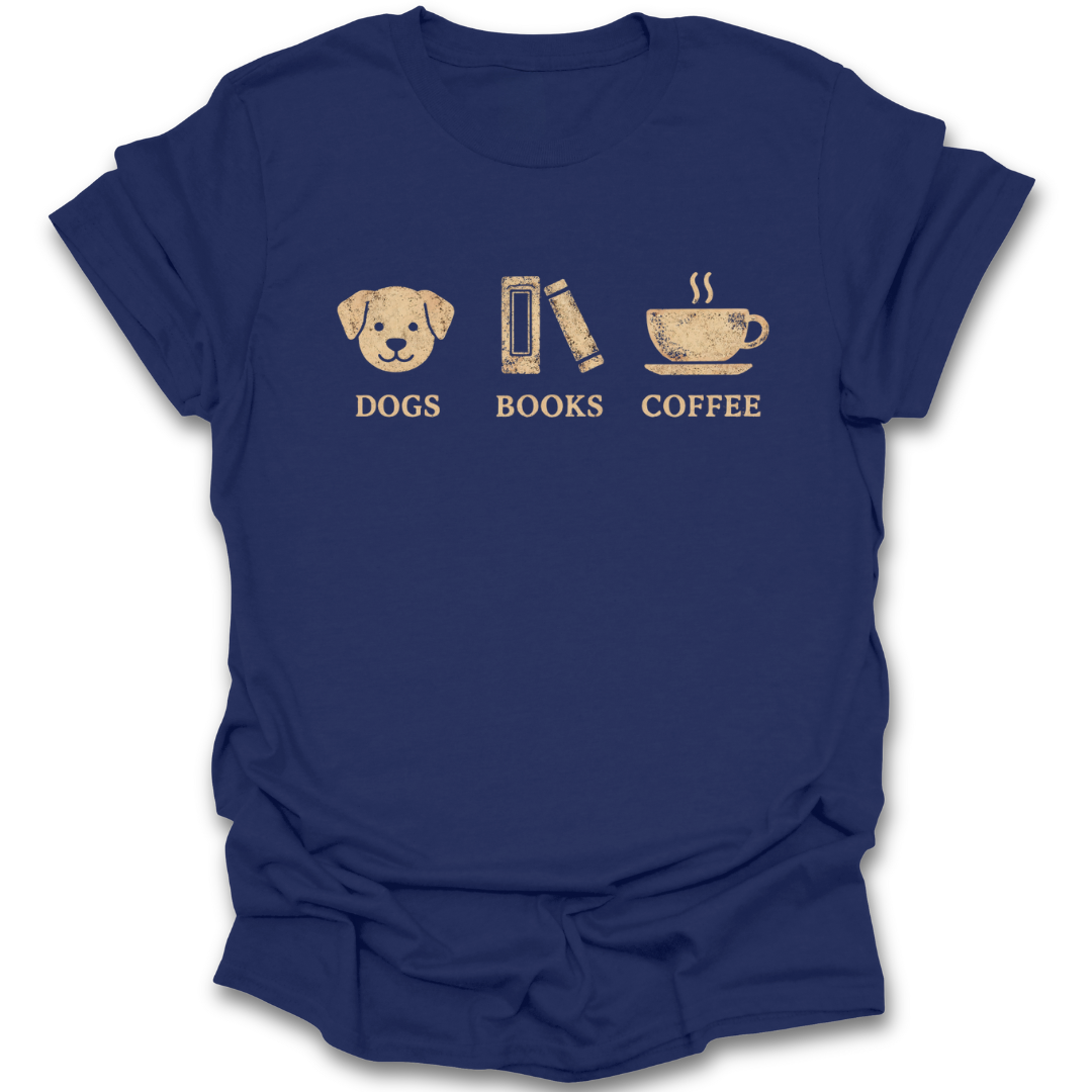 Blue t-shirt with dog, book, and coffee cup graphics and text on a white background book reading literary t shirt