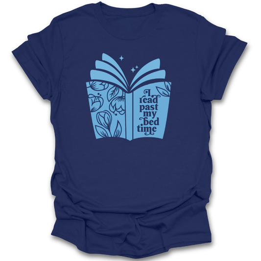 Navy blue t-shirt with a blue graphic of an open book and text on a white background funny book reading literary t shirt