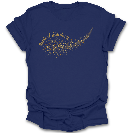 Navy blue t-shirt with gold 'Made of Stardust' design on a white background funny book reading literary t shirt