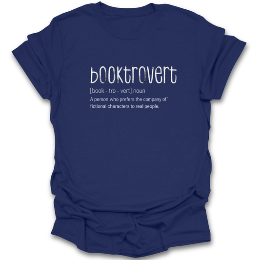 Blue t-shirt with 'booktrovert' definition text on a white background funny book reading literary t shirt