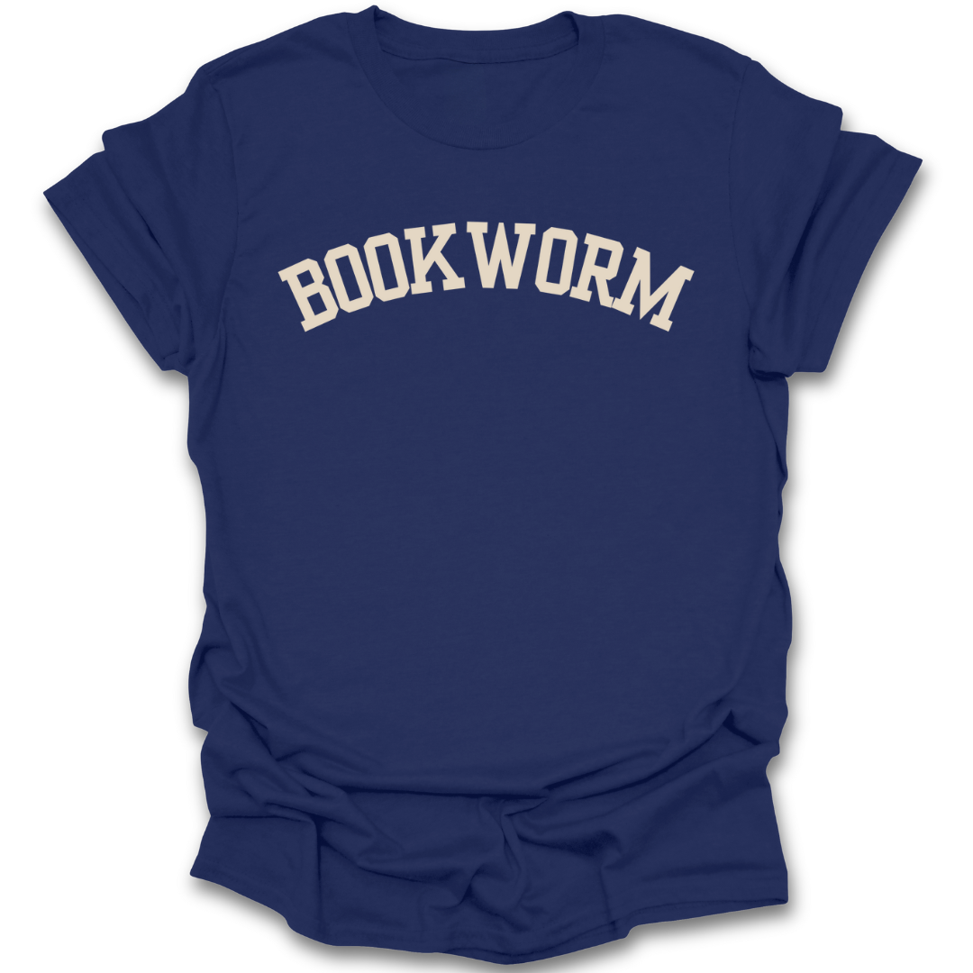 Blue t-shirt with 'BOOK WORM' text on a white background funny book reading literary t shirt