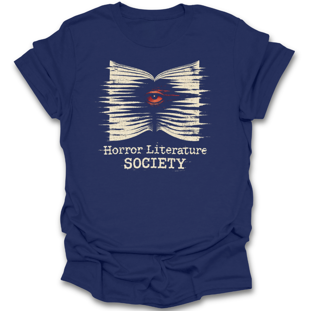 Blue t-shirt with 'Horror Literature Society' design featuring an eye in a book on a white background horror literature shirt, horror book shirt, book lover shirt, horror reader gift, gothic book shirt, dark academia shirt, spooky bookish shirt, literature society tee, horror books apparel, bookworm shirt. 