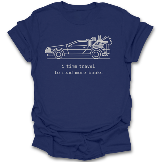 Brown t-shirt with a graphic of a car and text 'i time travel to read more books' on a white background science fiction funny book reading literary t shirt