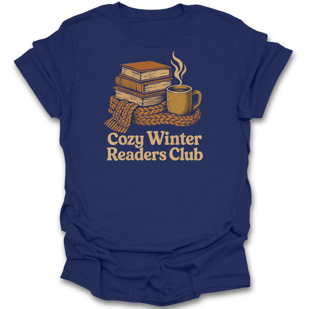Navy blue t-shirt with 'Cozy Winter Readers Club' graphic featuring books and a mug. literary t shirt