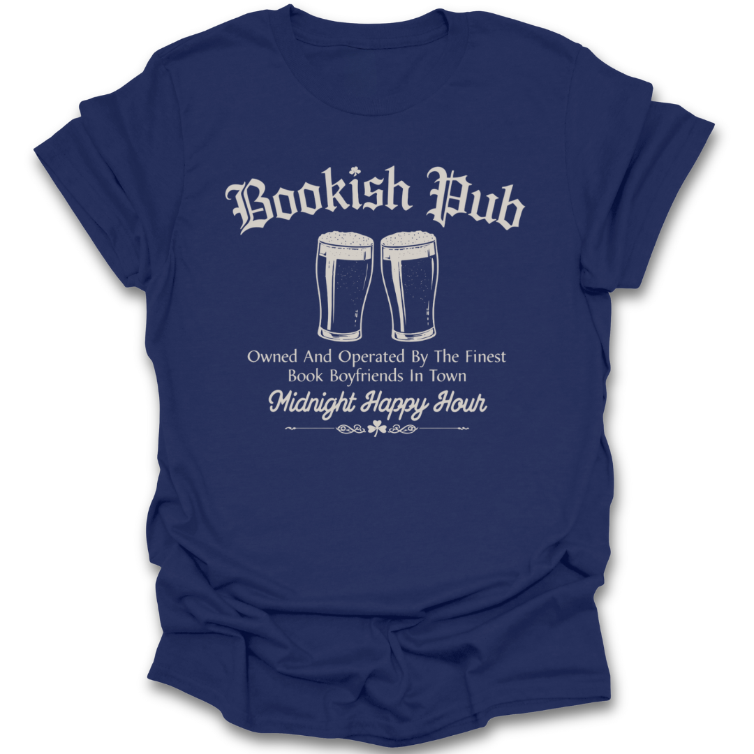 Blue t-shirt with 'Bookish Pub' text and graphics on a white background st patricks day funny book reading literary t shirt