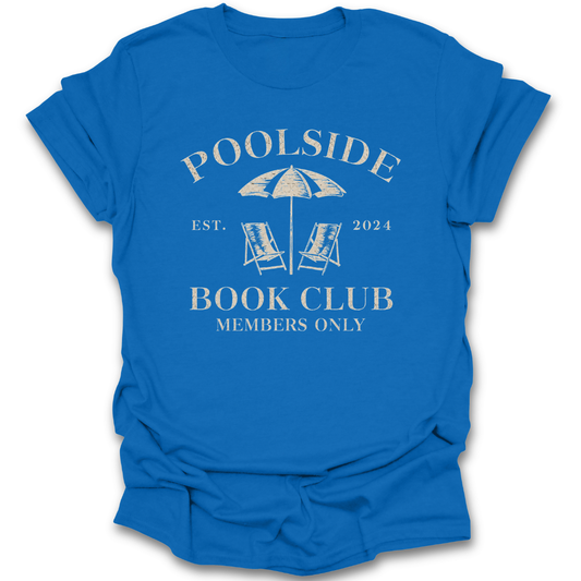 Blue t-shirt with 'Poolside Book Club' design on a white background