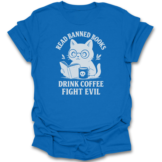 Blue t-shirt with a cat reading a book and drinking coffee graphic and text on a white background funny book reading literary t shirt