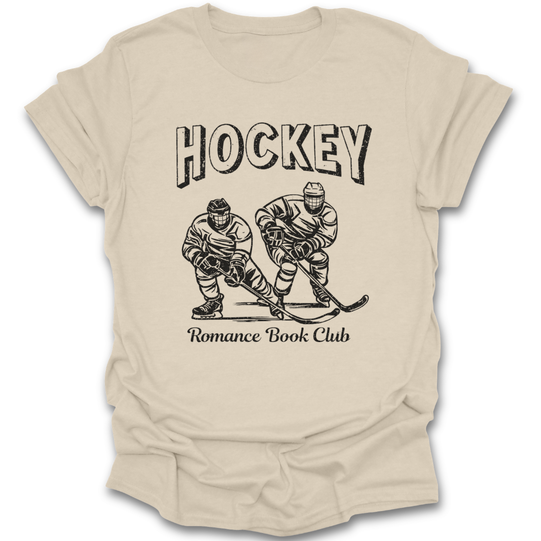 Beige t-shirt with hockey-themed graphic and text on a white background hockey romance book reading literary t shirt