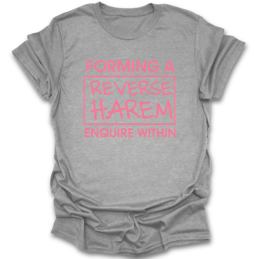 Gray t-shirt with pink text on a white background. reverse harem shirt, romance reader shirt, book lover t-shirt, spicy book shirt, romantasy shirt, funny bookish tee, booktok romance shirt, reader merch, romance book lover gift, book club shirt