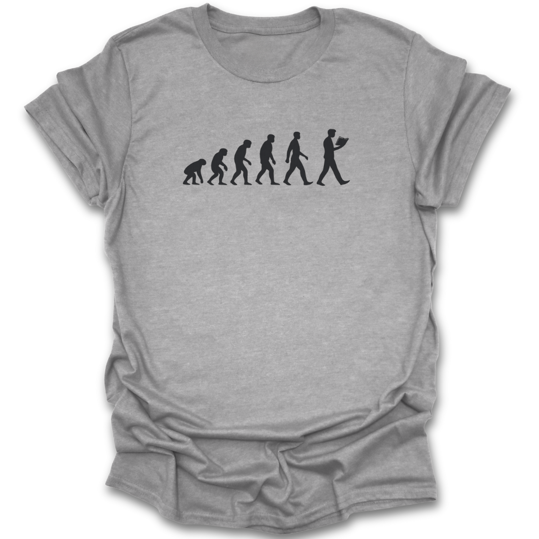 Gray t-shirt with black evolution graphic on a white background funny book reading literary t shirt