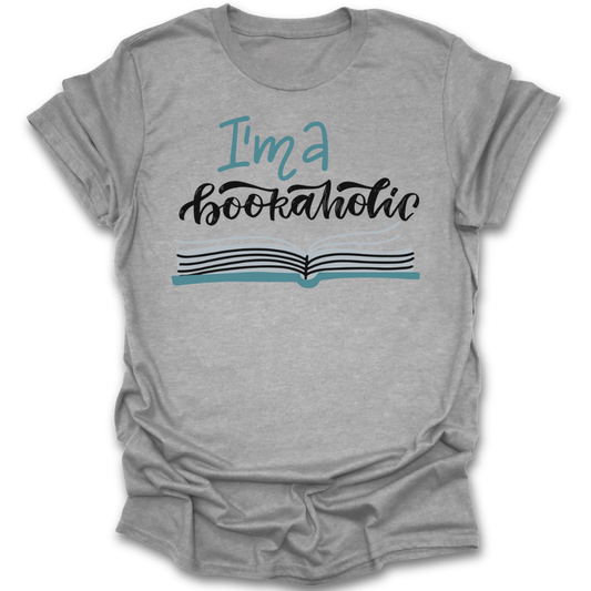 Gray t-shirt with 'I'm a bookaholic' text and book graphic on a white background funny book reading literary t shirt