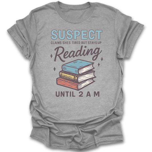 Gray t-shirt with book-themed text design on a white background crime mystery funny book reading literary t shirt