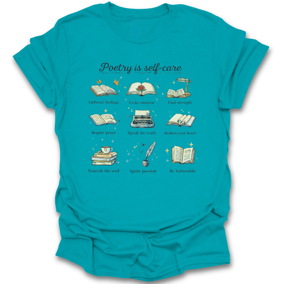 Turquoise t-shirt with literary-themed graphics and text on a white background poetry funny book reading literary t shirt